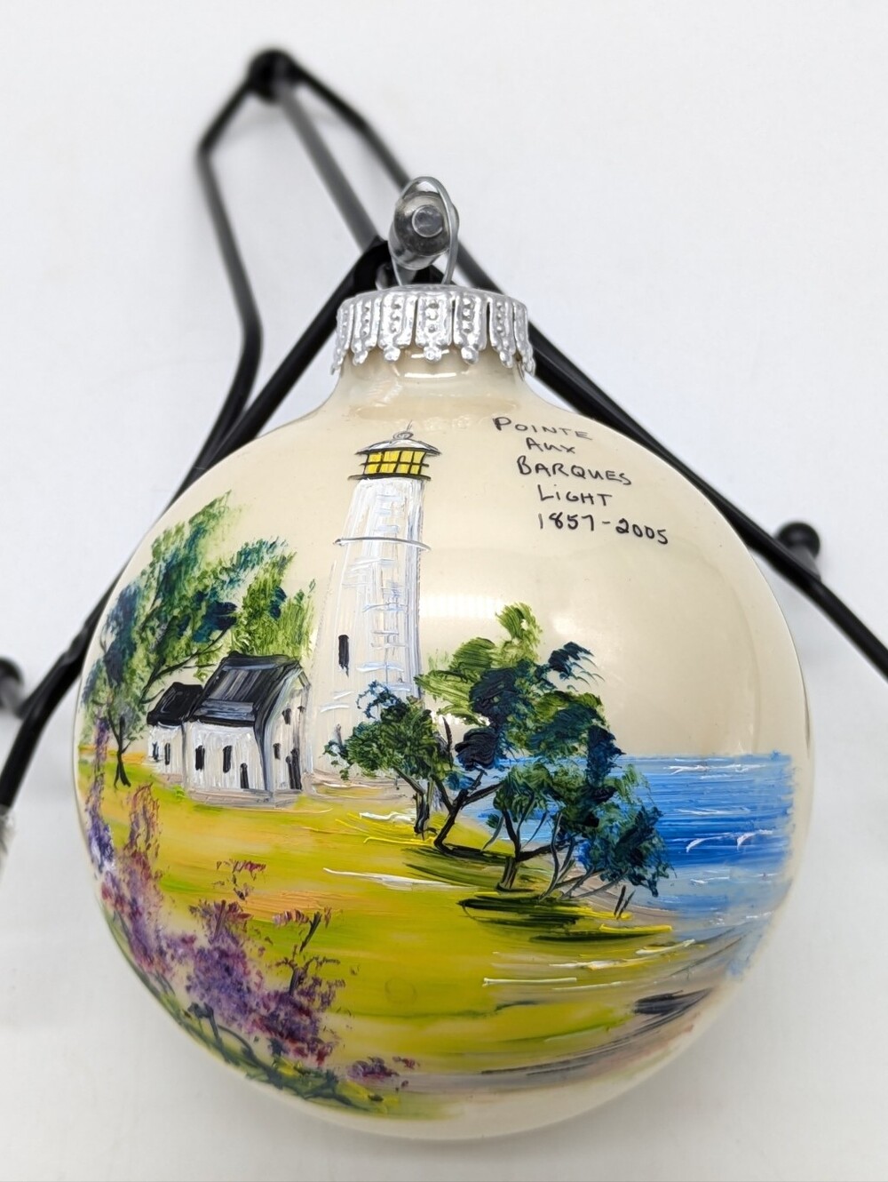 Vintage Hand Painted Pointe Aux Barques Michigan Lighthouse Glass Ornament